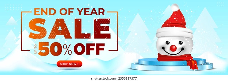 Banner design for End of year sale 50% off, offer, deal, discount logo with podium and winter snow land background.