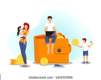 Banner design for Family Finances, Capital, Profits and Savings with young family, purse and cash. Vector illustration in a flat style for poster, banner, presentation, flyer.