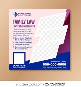 Banner design of family law lawyers and attorneys. space for photo collage on pink background. square layout use combination blue and pink gradient element. collection of social media banners