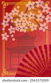 Diseño de Anuncio con abanico, sol, pagoda, flor, patrón. Vector chino del año Nuevo 2025. Ilustración oriental elegante para la cubierta, el Anuncio, el Sitio web, el calendario.