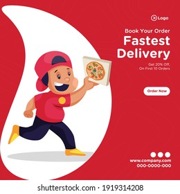 Banner design of fastest delivery. Pizza delivery boy is holding pizza and running fast. Vector graphic illustration.