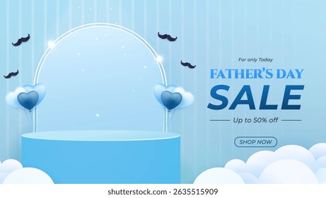Banner design for Fathers Day promotion, featuring a blue background, heart shaped balloons, and bold text announcing discounts. Ideal for marketing Fathers Day events and advertising campaigns.
