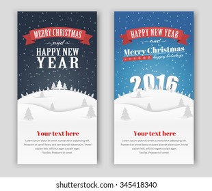 Banner design (flyers, card) Merry Christmas and Happy New Year to the winter landscape. Vector illustration. Set