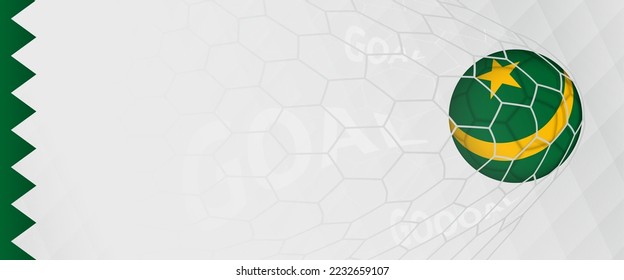 Banner design of a football ball with flag of Mauritania in football net, the goal by national soccer team of Mauritania. Vector illustration.