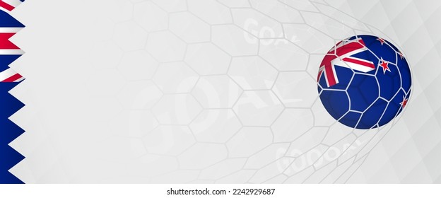 Banner design of a football ball with flag of New Zealand in football net, the goal by national soccer team of New Zealand. Vector illustration.