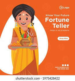 Banner design of fortune teller cartoon style template.