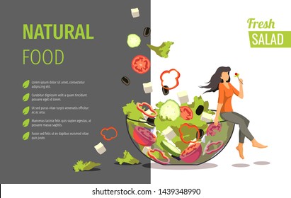 Banner design for fresh vegetable salad, online food ordering, recipes. Vector illustration can be used for poster, banner, menu, flyer, brochure.