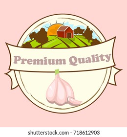 Banner design with garlic. High quality vector illustration of garlic label. symbol for sauce product label or grocery store, shop and farm market design. Organic collection