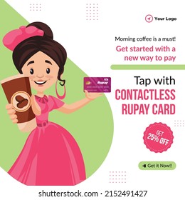 Banner design of get started with a new way to pay cartoon style template.