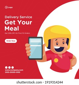Banner design of get your meal. Pizza delivery boy showing mobile for rating. Vector graphic illustration.
