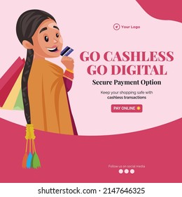 Banner design of go cashless go digital cartoon style template.