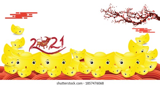 Banner design with gold ingots, Chinese text Happy New Year on White background. Vector illustration. Concept for 2021 holiday