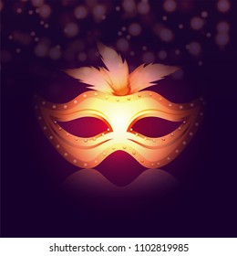 Banner design with golden masquared mask, bokeh effects on purple background.
