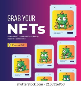 Banner design of grab your NFTs on social media cartoon style template.