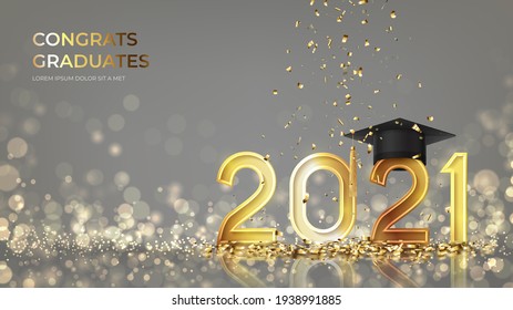 Banner for design of graduation 2021. Golden numbers with graduation cap and confetti on background with effect bokeh. Congratulations graduates 2021. Vector illustration for degree ceremony design.