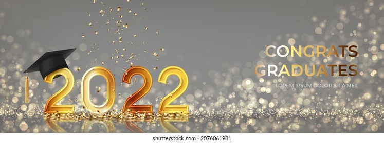 Banner for design of graduation 2022. Golden numbers with graduation cap and confetti on background with effect bokeh. Congratulations graduates 2022. Vector illustration for degree ceremony design.