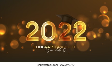 Banner for design of graduation 2022. Golden numbers with graduation cap on background with effect bokeh. Congratulations graduates 2022. Vector illustration for degree ceremony design.