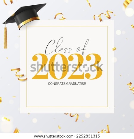Banner for design of graduation 2023. Graduation cap, golden confetti and serpentine. Congratulations graduates of 2023. Vector illustration for decoration of degree ceremony in social media.