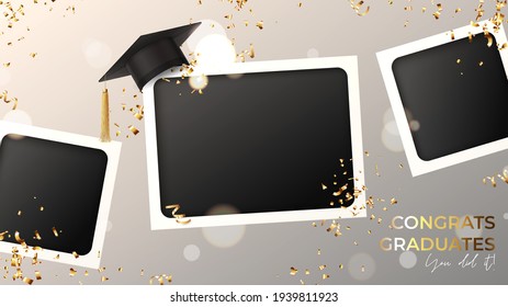 Banner for design of graduation. Blank photo frames with graduation cap, confetti and serpentine on background with effect bokeh. Congratulations graduates. Vector illustration for degree ceremony.