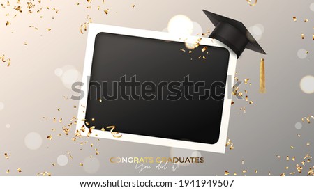 Banner for design of graduation. Blank photo frame with graduation cap, confetti and serpentine on background with effect bokeh. Congratulations graduates. Vector illustration for degree ceremony.