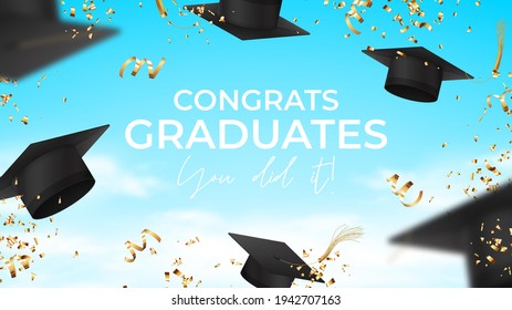 Banner for design of graduation. Realistic graduation caps, confetti and serpentine flying in the air over the clouds. Congratulations graduates. Vector illustration for degree ceremony.