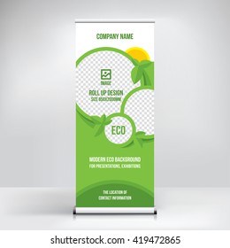 Banner design. Graphic eco style, template roll-up, stand, background vector. Versatile layout for placement of photos and text, exhibitions, presentations, conferences, advertising, workshops.