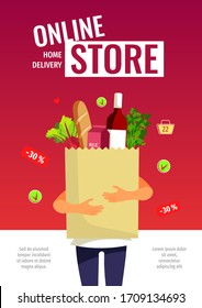 Banner design for Grocery Market, Online Store, Shopping, Home Delivery. Person holding grocery bag with food. A4 vector illustration for poster, banner, flyer, commercial, special offer.