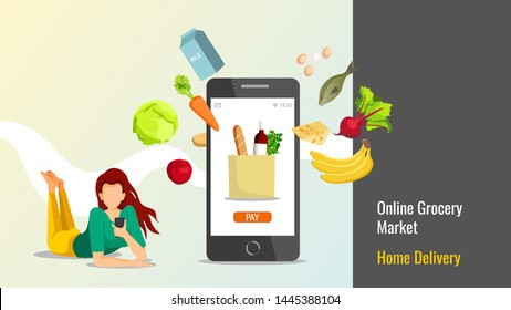 Banner design for Grocery store, Online Market, Home delivery. Young woman with smartphone and food. Vector illustration in a flat style.