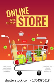 Banner design for Grocery store, Online Market, Home delivery, Shopping. Grocery trolley with food. A4 Vector illustration for poster, banner, commercial, flyer.