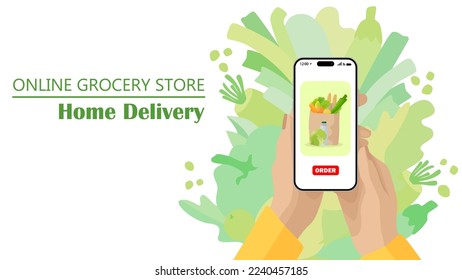 Banner design for a grocery store, online market, home food delivery. Hands of a young woman with a smartphone and food, screen of online ordering.