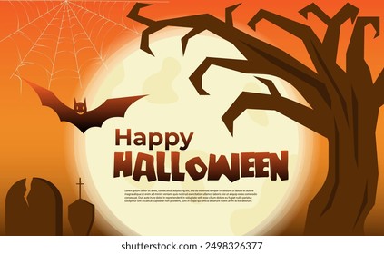 Banner design for Halloween celebration. Big glowing moon, silhouette of a tree, bat, cobweb on a night cemetery