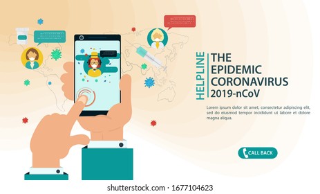 banner design, hand calling the phone, hotline, for specialist medical assistance, in the case of the COVID-2019 coronavirus epidemic, flat vector illustration