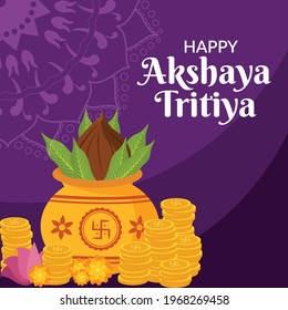 Banner design of happy Akshaya Tritiya template on purple background. Vector graphic illustration.