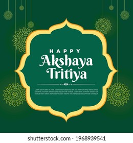 Diseño de carteles de la plantilla del festival Akshaya Tritiya sobre fondo verde. Ilustración gráfica vectorial.