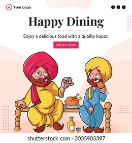 Banner design of happy dining enjoy a delicious food with a quality liquor cartoon style template. 