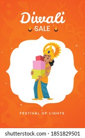 Banner design of Happy Diwali festival with Lord Rama with gifts.
