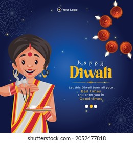 Banner design of happy Diwali festival of lights cartoon style template.