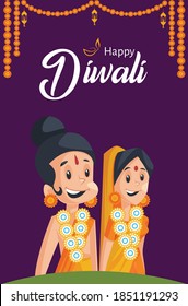 Banner design of happy Diwali with Lord Rama and goddess Sita.