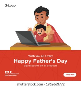 Banner design of happy father's day discount on all products cartoon style template. Vector graphic illustration.