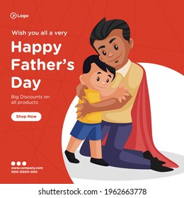 Banner design of happy father's day discount on all products cartoon style teamplate. Vector graphic illustration.