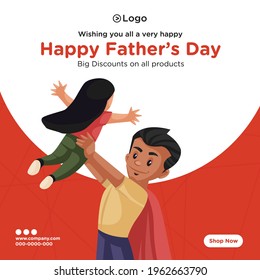 Banner design of happy father's day discount on all products cartoon style template. Vector graphic illustration.