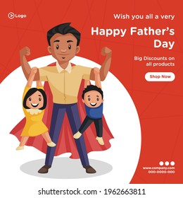 Banner design of happy father's day discount on all products cartoon style template. Vector graphic illustration.