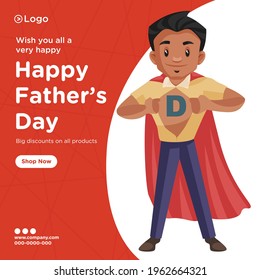 Banner design of happy father's day discount on all products cartoon style template. Vector graphic illustration.