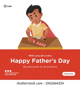 Banner design of happy father's day discount on all products cartoon style template. Vector graphic illustration.