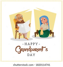 Banner Design Of Happy Grandparents Day. Old Lady Is Stitching Cloth And Old Man Is Reading The Newspaper.