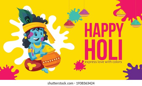 Banner design of happy holi express love with colors with Lord Krishna. Vector graphic illustration.