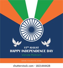 Banner design of happy Independence day wishes with Indian tricolor with ashoka chakra and pigeon.