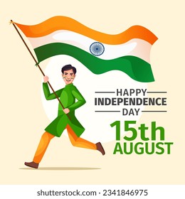 Banner design of Happy Independence Day template, Indian Boy running and waving the National Flag of India. 