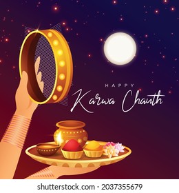 Banner design of happy karwa chauth cartoon style template.