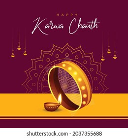 Banner design of happy karwa chauth cartoon style template.